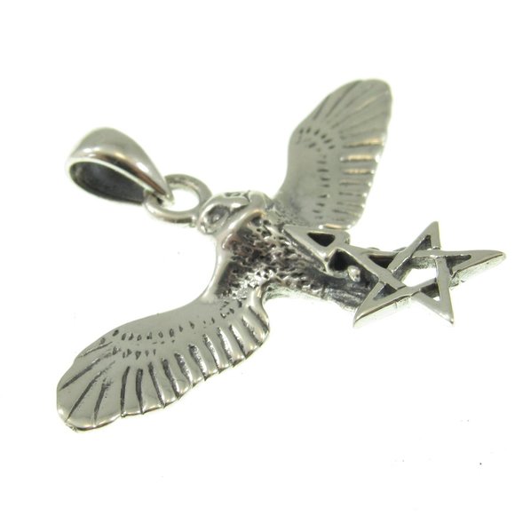 Handcrafted Solid 925 Sterling Silver Flying Owl With The Pentagram Star Pendant - Picture 3 of 5